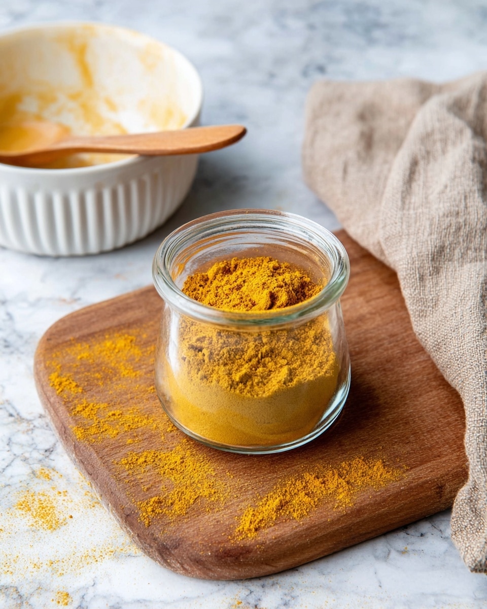 A small clear glass jar filled with a mound of finely ground yellow powder sits centered on a medium brown wooden cutting board. Some powder is scattered on the cutting board around the jar’s base. Behind the jar to the left is a white bowl with ridged edges, stained with yellow powder, and a small wooden spoon resting inside. To the right is a beige fabric cloth with a rough texture. The surface under the cutting board is a white marbled texture. photo taken with an iphone --ar 4:5 --v 7