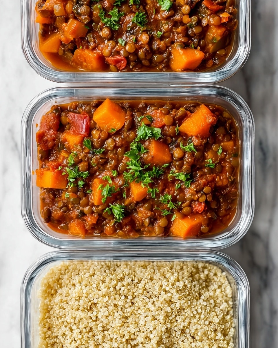 There are three square clear glass containers arranged vertically on a white marbled surface. Each container is divided into two halves: the left half holds a thick stew made from brown lentils and chunks of orange vegetables, garnished with small green parsley leaves, creating a rich, textured look with bits of red and green visible throughout; the right half contains a pile of light beige quinoa grains with a fluffy texture. The containers are parallel and the colors inside contrast nicely with the clean, white marbled background. photo taken with an iphone --ar 4:5 --v 7