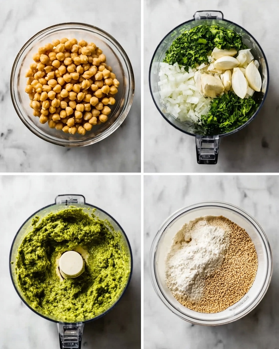 The image is divided into four parts showing the process of making falafel mix. The first part shows a clear glass bowl filled with golden chickpeas soaking in water, placed on a white marbled surface. The second part shows a food processor bowl with bright green parsley, white onion chunks, a few white garlic cloves, and some drained chickpeas on top, all gathered but not mixed yet. The third part shows the food processor bowl with a thick, coarse, green paste made from the ingredients, showing small bits of texture throughout. The last part shows a clear white bowl with the green falafel paste on one side and white flour and light brown sesame seeds on the other side, ready to be mixed. Photo taken with an iphone --ar 4:5 --v 7