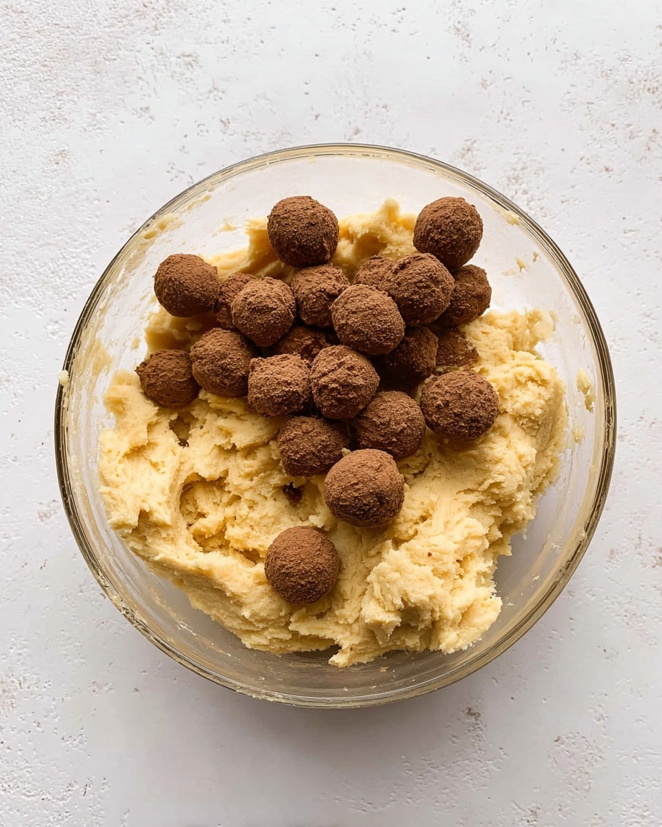 A clear glass bowl sits on a white marbled surface, filled with a thick, pale yellow dough that looks soft and slightly crumbly. Scattered loosely on top of the dough are many small, round, dark brown balls with a dry, powdery texture. The bowl is viewed from above, showing the contrast between the dough's smooth, uneven surface and the rougher texture of the brown balls. photo taken with an iphone --ar 4:5 --v 7
