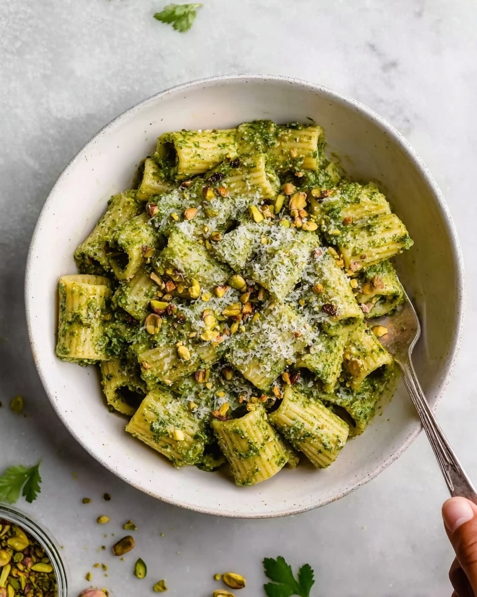 The image shows a white bowl filled with rigatoni pasta coated in a bright green pesto sauce. The pasta pieces are layered closely, showing a thick and textured sauce with small chunks of crushed pistachios sprinkled on top. The dish has a light dusting of grated cheese adding a slightly grainy texture and a pale off-white color over the green surface. A silver spoon rests inside the bowl on the right side, with a woman's hand barely touching the edge. The bowl sits on a white marbled surface with some scattered green herbs and pistachios around. Photo taken with an iphone --ar 4:5 --v 7