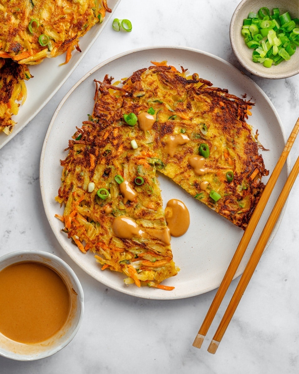A white plate with a golden brown vegetable pancake that has a rough, crispy texture, topped with small green onion pieces scattered on top. The pancake is partially sliced, with one piece slightly pulled away, showing layers of orange and white vegetable strands inside. A light brown peanut sauce with a smooth texture is drizzled on the pancake slice. A pair of light wooden chopsticks lie diagonally across the plate’s bottom right. On the white marbled surface, there is a small white bowl filled with a similar peanut sauce to the left and a small white bowl with bright green chopped onions to the lower right. Part of another white plate with more vegetable pancakes is visible at the top. Photo taken with an iphone --ar 4:5 --v 7
