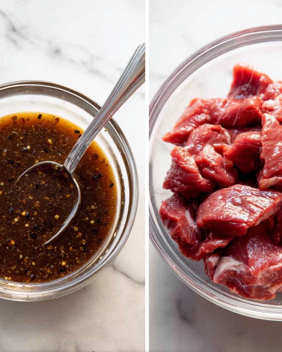 The image shows two clear glass bowls on a white marbled surface. The bowl on the left contains a dark brown sauce with visible small black specks, giving it a slightly grainy texture. A silver spoon with a round, shallow bowl rests inside this sauce. The bowl on the right is filled with several pieces of raw red meat, sliced into uneven strips. The meat has a fresh, moist appearance with some white fat marbled through it. The lighting is bright and natural, highlighting the colors and textures clearly. photo taken with an iphone --ar 4:5 --v 7