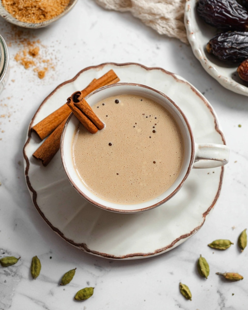 A white cup filled with light brown chai latte sits in the center of a white plate with a scalloped edge and brown detailing. A cinnamon stick rests inside the cup, partially dipped in the smooth liquid. On the plate next to the cup are two whole cinnamon sticks and a few green cardamom pods scattered around. The scene is set on a white marbled surface with some more cardamom pods, cinnamon sticks, and dried dates visible around the main focus. The lighting is soft and natural, highlighting the warm tones of the chai latte and spices. photo taken with an iphone --ar 4:5 --v 7