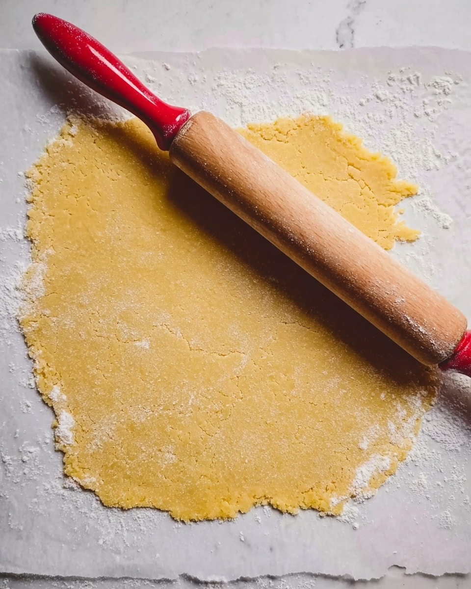 The image shows a flat, thin layer of yellow dough dusted lightly with white flour spread on white parchment paper. On top of the dough near the upper edge, there is a wooden rolling pin with a bright red handle resting horizontally. The background is a white marbled surface. The rolling pin and dough take up most of the frame, showing texture details of the dough like small cracks and flour grains. Photo taken with an iphone --ar 4:5 --v 7