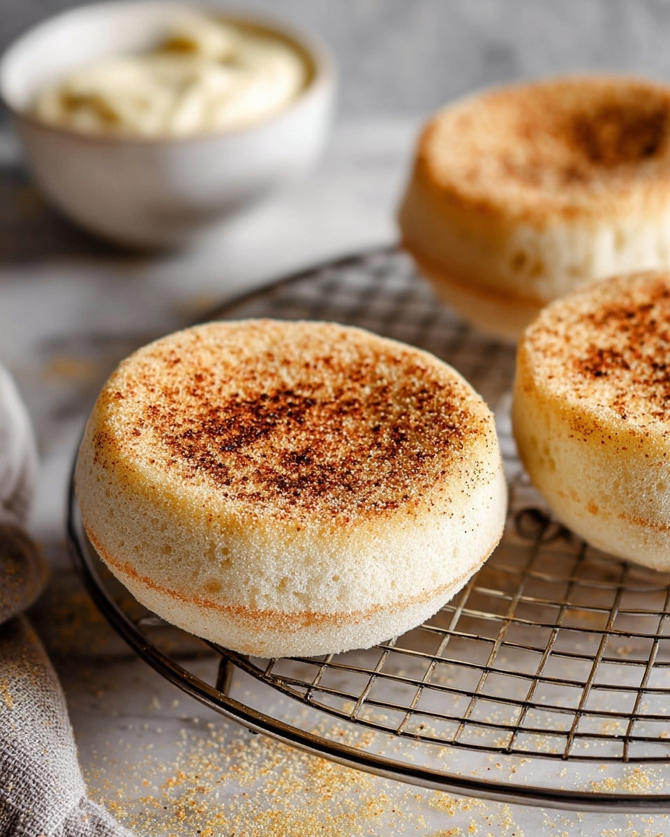 The image shows three English muffins on a round wire cooling rack. Each muffin is light golden brown on top, with a rough, grainy texture of cornmeal dusting the surface and sides. The muffins have a thick, soft, pale dough visible below the browned top. In the background, there is a white marbled surface with a white bowl filled with a creamy spread blurred out, and some cornmeal scattered around. The scene is softly lit, showing the light shadows and texture of the muffins and rack clearly. Photo taken with an iphone --ar 4:5 --v 7