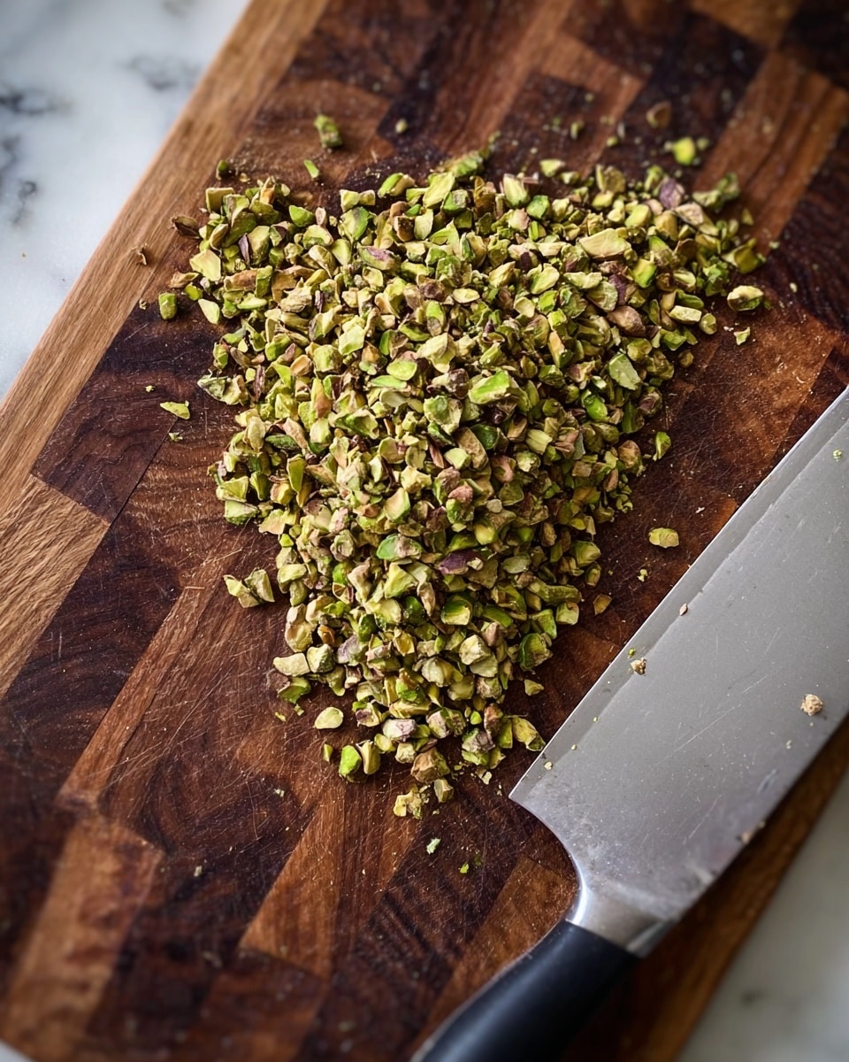 The image shows a close-up of a pile of finely chopped pistachios on a wooden cutting board. The chopped pistachios are mostly green with brown bits, unevenly spread in a triangular shape near the center of the board. To the right of the pile, there is a large, shiny kitchen knife with a black handle resting on the board. The cutting board itself has a dark wood pattern with different shades of brown. The background surface is a white marbled texture. Photo taken with an iphone --ar 4:5 --v 7