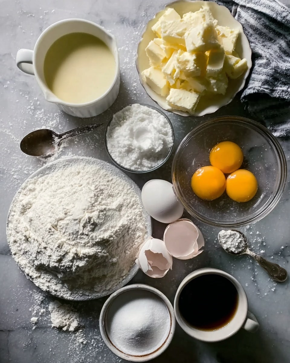 The image shows several bowls and cups arranged on a white marbled surface, each containing different baking ingredients. In the top left, a white cup holds a light yellow liquid cream. Next to it is a white bowl with a pile of butter chunks. To the right, a clear bowl contains three raw eggs with bright yellow yolks, surrounded by broken white eggshells. Below the eggs, a small white bowl is full of white powder sugar. To the left is a round white plate or shallow bowl with flour spread inside, showing a soft and powdery texture. Nearby is a small cup filled with dark brown liquid, likely vanilla or coffee. A vintage silver spoon lies among the ingredients and some flour is scattered on the surface. photo taken with an iphone --ar 4:5 --v 7