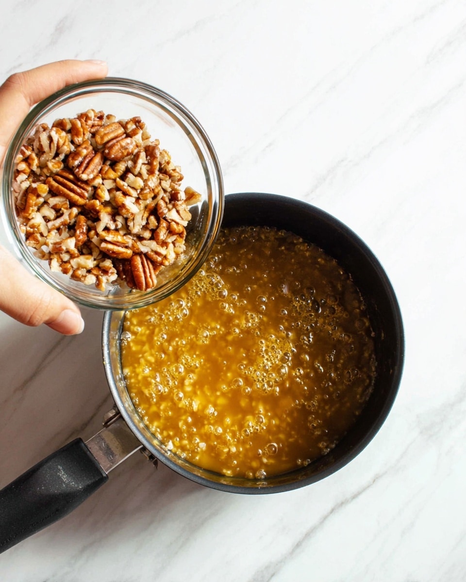 The image shows a top view of a small black pot filled with bubbling golden caramel sauce with a shiny, sticky texture. Above the pot, a clear glass bowl held by a woman's hand contains a layer of chopped pecans, which are light and dark brown with a rough texture. The pot rests on a white marbled surface, adding a clean and bright look to the scene. photo taken with an iphone --ar 4:5 --v 7