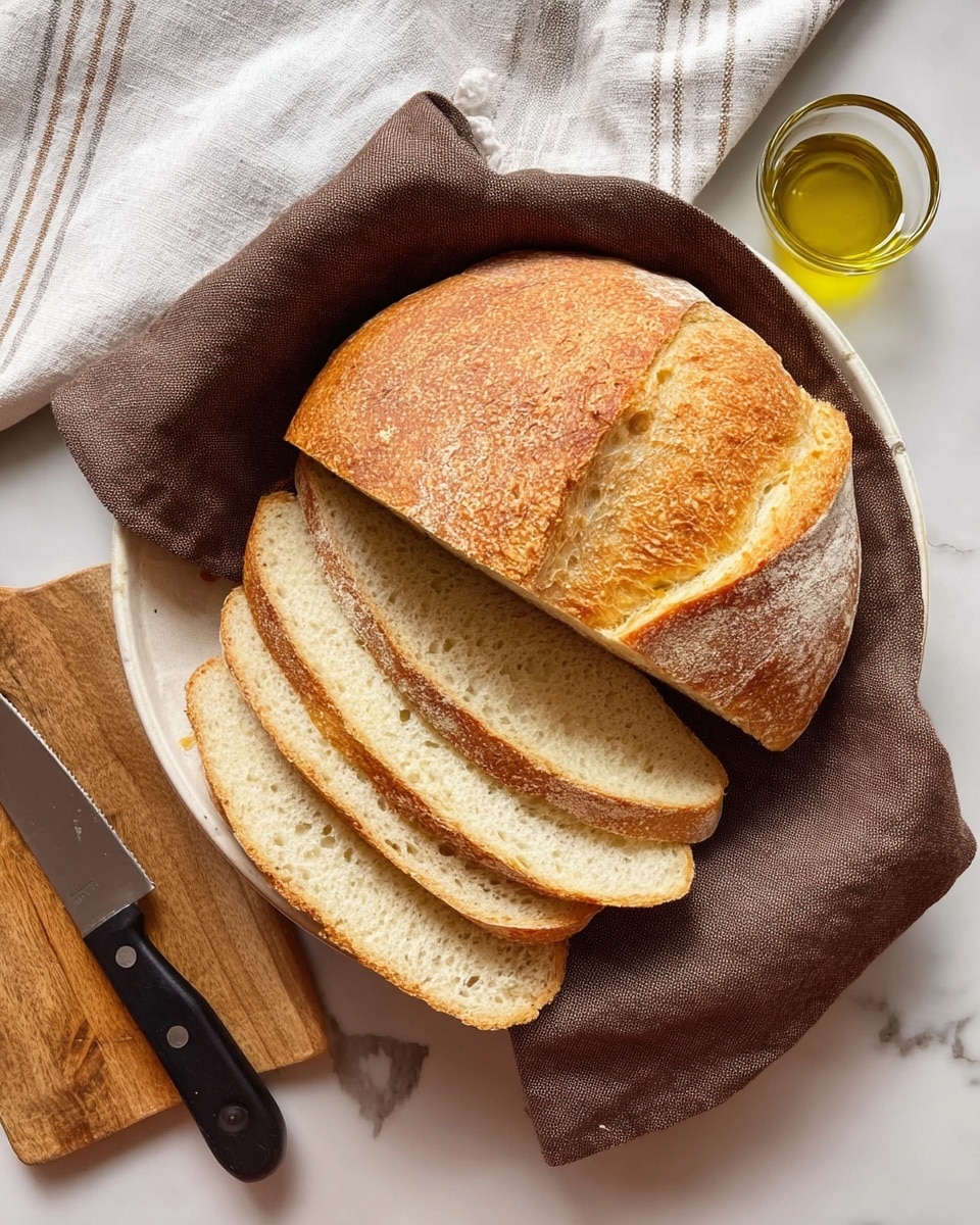 A round loaf of bread with a golden brown crust is partly sliced into five pieces, showing a soft, light beige inside. The bread rests on a white plate lined with a dark brown cloth that cradles the loaf and slices. The plate sits on a white marbled surface next to a wooden cutting board with a knife placed diagonally, its handle black with silver rivets. To the right, there is a small glass cup filled with golden olive oil. A white cloth with light gray stripes is folded in the upper part of the scene. Photo taken with an iphone --ar 4:5 --v 7