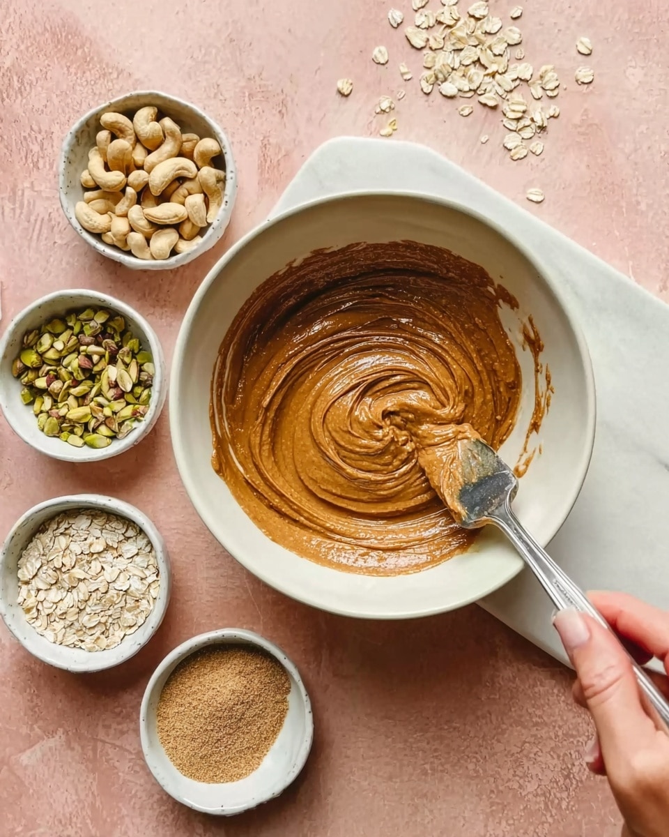 The image shows a white bowl with a swirl of thick brown peanut butter inside, with a spatula resting in it. Around the bowl, there are four small white bowls placed on a white marbled surface, each containing different ingredients: chopped pistachios, rolled oats, whole cashew nuts, and a light brown powder that looks like sugar or flour. A woman's hand is holding the spatula within the peanut butter bowl. The whole setup has a soft pink background tone behind the white marbled surface. photo taken with an iphone --ar 4:5 --v 7