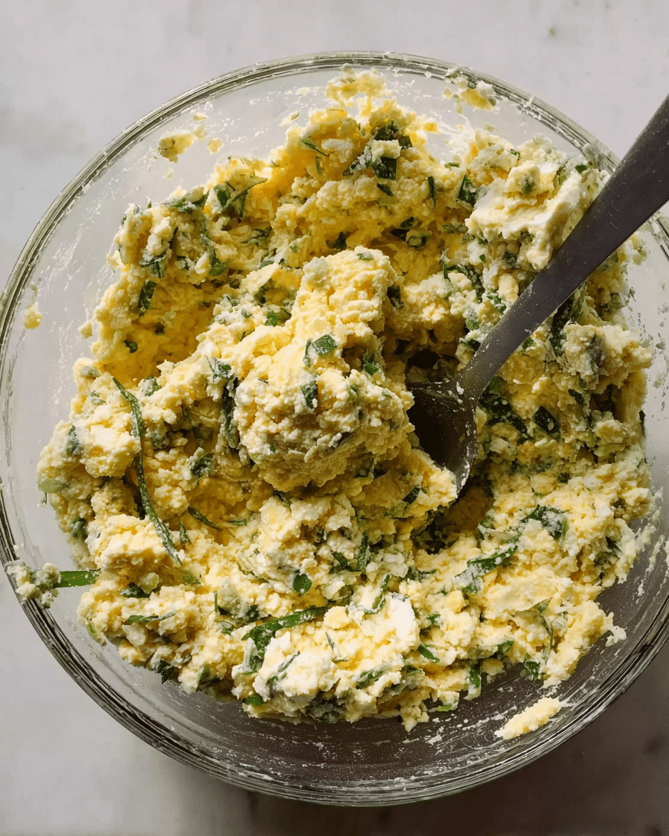 The image shows a clear glass bowl filled with a thick mixture made of small yellow and white crumbs combined with chopped green herbs, giving the mixture a rough and chunky texture. The colors are mainly pale yellow and white with bright green leaves scattered evenly throughout the mixture. A dark gray spoon rests inside the bowl, partly submerged in the mixture, as if just stirred. The bowl sits on a white marbled surface, bright and clean. Photo taken with an iphone --ar 4:5 --v 7