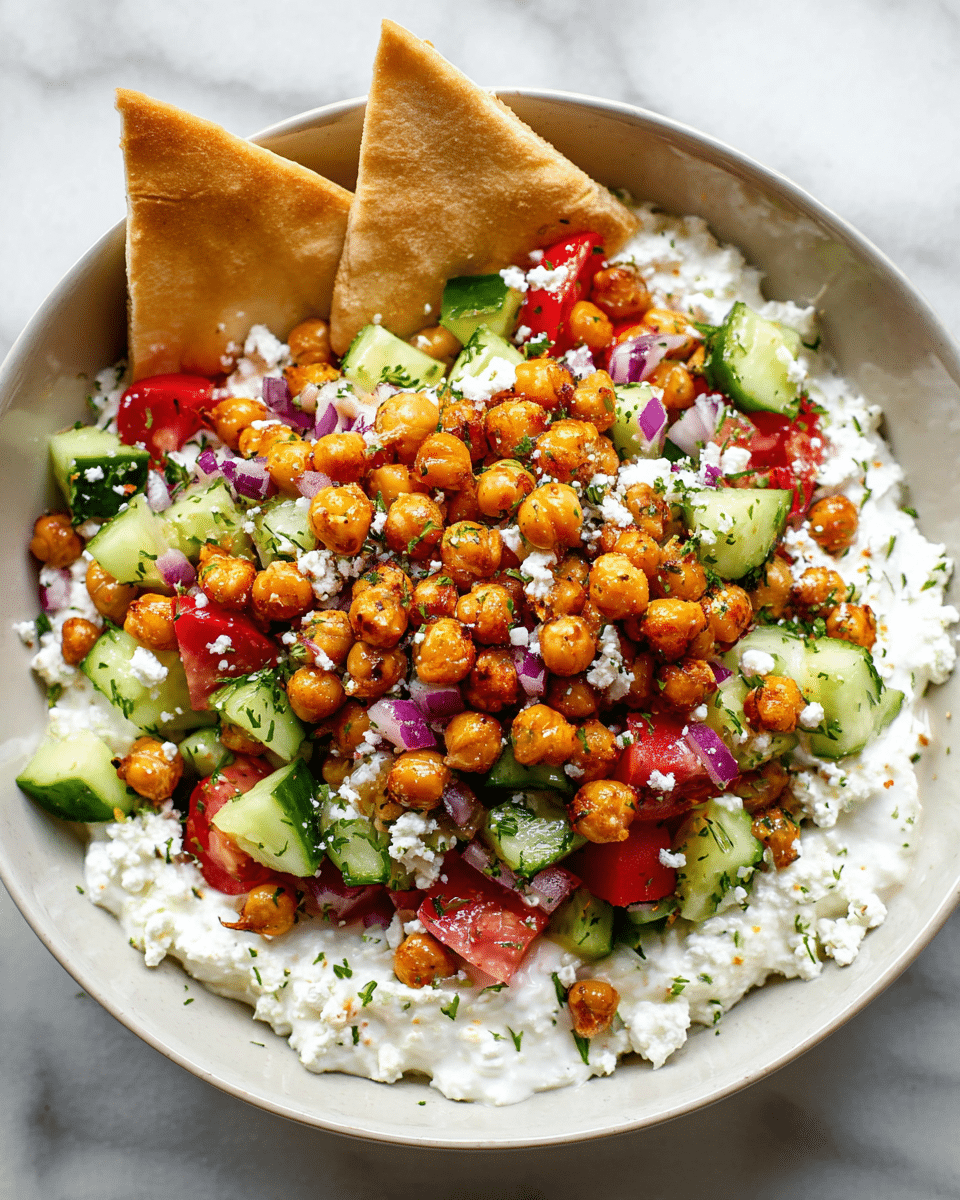 The dish shows a white bowl filled with a thick layer of white cottage cheese at the bottom, topped with a colorful salad of diced green cucumbers, red tomatoes, and purple onions mixed with herbs. Scattered roasted golden-brown chickpeas cover the salad, adding a crunchy texture. Small bits of white cheese crumble are sprinkled over the top. Two triangular pieces of pita bread stand upright, placed on one side of the bowl. The bowl sits on a white marbled surface. photo taken with an iphone --ar 4:5 --v 7