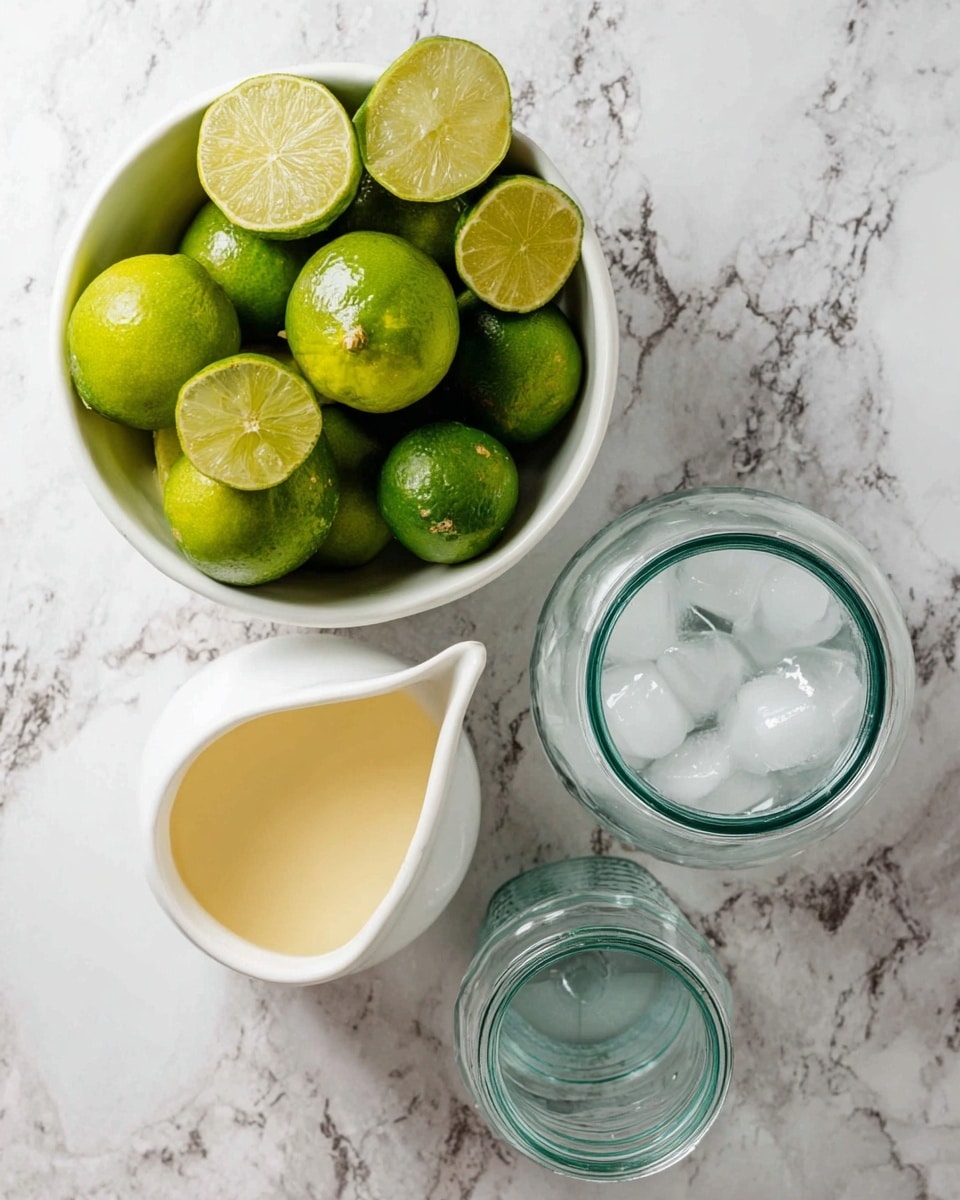 The image shows a white bowl filled with many lime halves and whole limes, mostly green with some yellowish tones, resting on a white marbled surface. Below the bowl, there is a small white pitcher containing a pale yellow liquid. To the right side, two glass jars are placed on the marble surface, one empty and the other filled about halfway with ice cubes. photo taken with an iphone --ar 4:5 --v 7