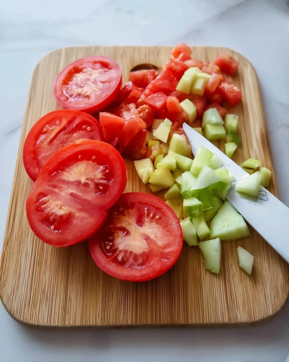 The image shows a wooden cutting board on a white marbled surface with fresh vegetables. There are three round slices of red tomato on the left side. Next to them, there are small green cucumber pieces and diced pale yellow cucumber pieces placed behind the tomato. On the right, a woman's hand holds a white knife, slicing a red tomato into uneven chunks. The colors are bright and fresh, with smooth textures on the tomato skin and a light wooden pattern on the cutting board photo taken with an iphone --ar 4:5 --v 7