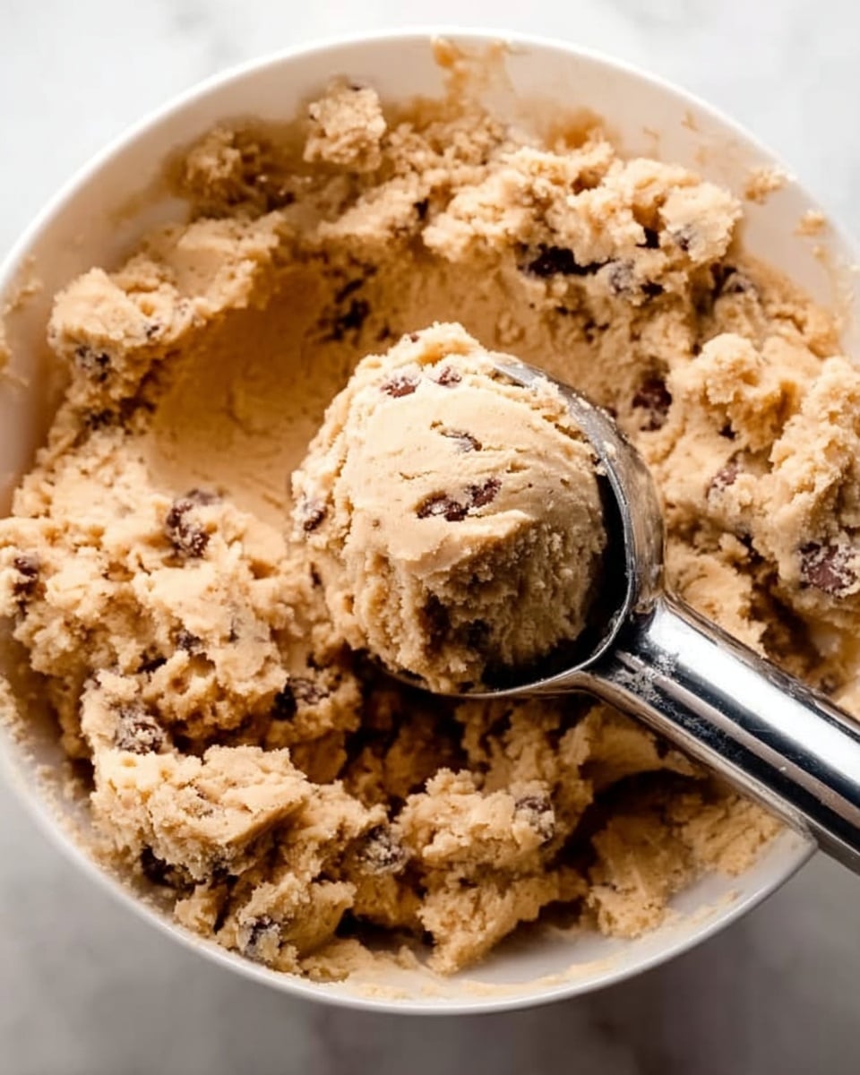 A close-up view of light brown cookie dough with visible small dark chocolate or fruit bits mixed inside. The dough is chunky and unevenly shaped, filling a white bowl. In the center, a metal ice cream scoop is digging into the dough, holding a round scoop of it. The bowl is on a white marbled surface. Photo taken with an iphone --ar 4:5 --v 7