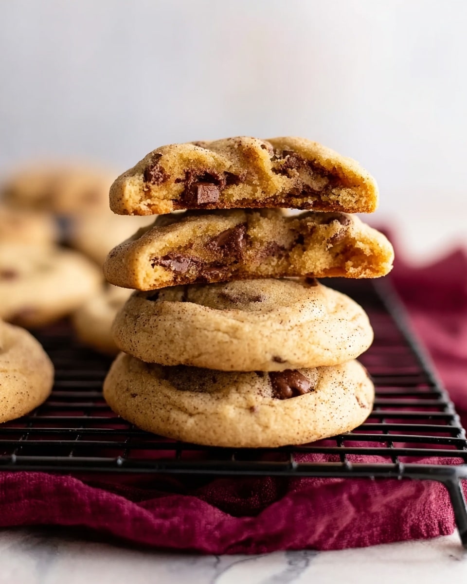 A stack of four soft cookies sits on a black cooling rack over a white marbled surface. The bottom three cookies are fully visible with a light golden brown color, sprinkled with small dark brown chocolate chips. The top cookie is split into two halves, placed on top with the inside soft texture showing a warm tan color and pockets of melted chocolate. The background is blurred with light tones and a deep burgundy cloth lying beneath the rack. Photo taken with an iphone --ar 4:5 --v 7