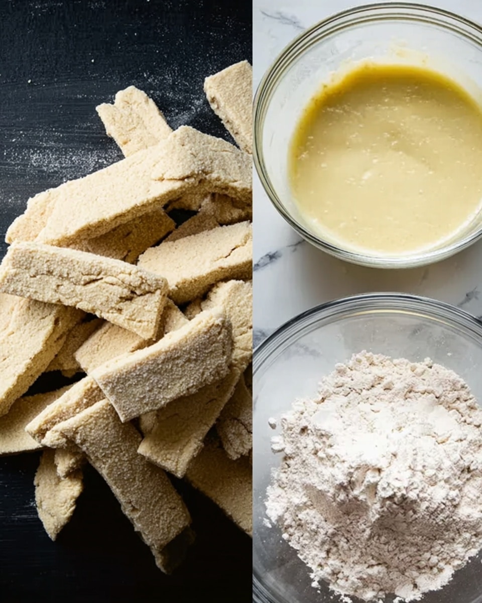 The image shows two sections: on the left, there are several pieces of light beige, baked dough cut into small, uneven rectangular strips with a rough texture, placed on a dark surface; on the right, there are two clear glass bowls on a white marbled surface, with the top bowl containing a smooth, pale yellow batter, and the bottom bowl holding white flour with a slight indentation in the center, showing a soft, powdery texture. photo taken with an iphone --ar 4:5 --v 7