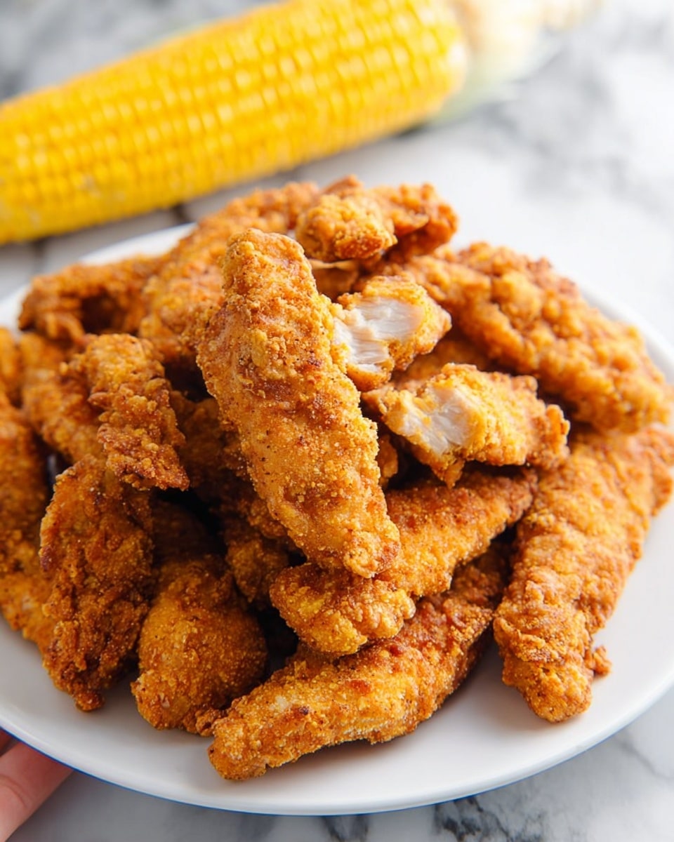 A white plate filled with many golden brown crispy fried chicken strips, some pieces stacked on top of each other, showing a crunchy rough texture with one piece broken to show the white inside. Behind the plate is a bright yellow ear of corn lying on a white marbled surface. The photo is taken with an iphone --ar 4:5 --v 7
