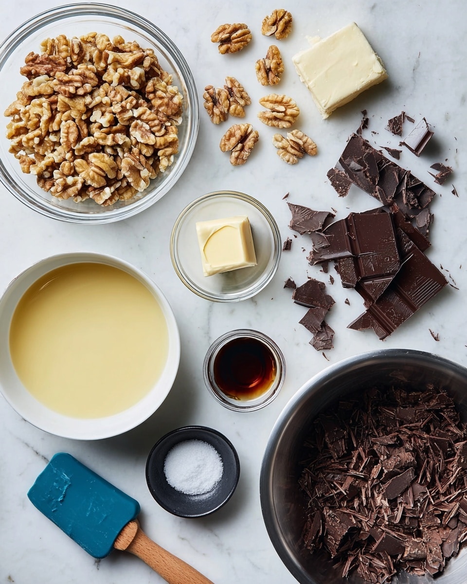 The image shows a white marbled surface with several ingredients neatly arranged. In the top left, a clear glass bowl filled with chopped walnuts, with more walnuts scattered around it. Below it, a white bowl contains a smooth, pale yellow liquid. To the right of the walnuts, a small clear bowl holds a square of butter. Nearby, broken pieces of dark chocolate are next to a partially unwrapped chocolate bar. A small black dish contains white powder, likely baking soda or salt, and next to it, a small clear bowl with a dark liquid, possibly vanilla extract. At the bottom right, a large silver metal bowl is filled with chopped dark chocolate. A blue silicone spatula with a wooden handle lies near the white bowl of liquid. Photo taken with an iphone --ar 4:5 --v 7