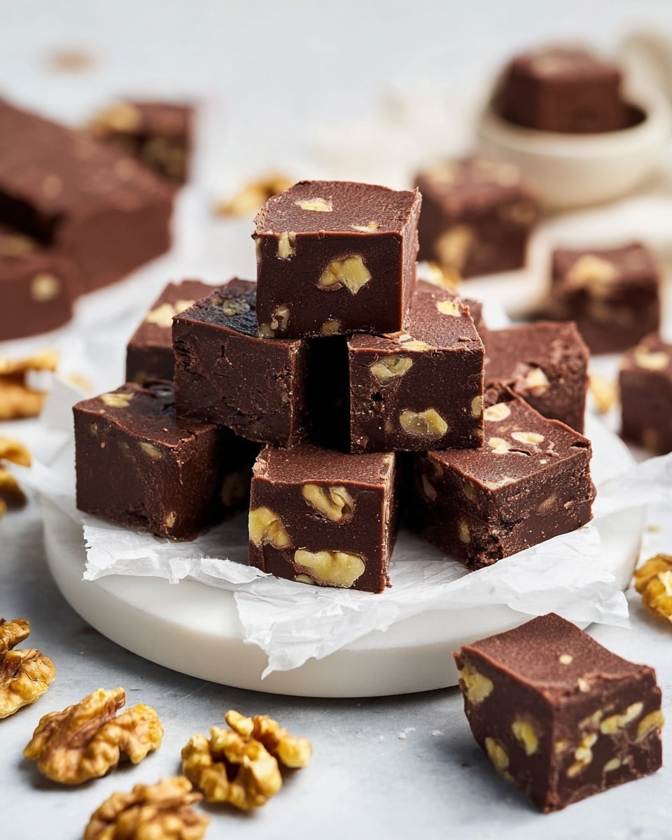The image shows a stack of thick, square-shaped chocolate fudge pieces with walnut chunks inside, arranged on white parchment paper in a white plate. The fudge is dark brown and smooth with visible walnut pieces scattered throughout each piece. Around the plate, whole walnut halves are placed on a white marbled surface. Some more pieces of fudge are scattered outside the plate, creating a casual and inviting look. The overall scene is bright and clean. photo taken with an iphone --ar 4:5 --v 7