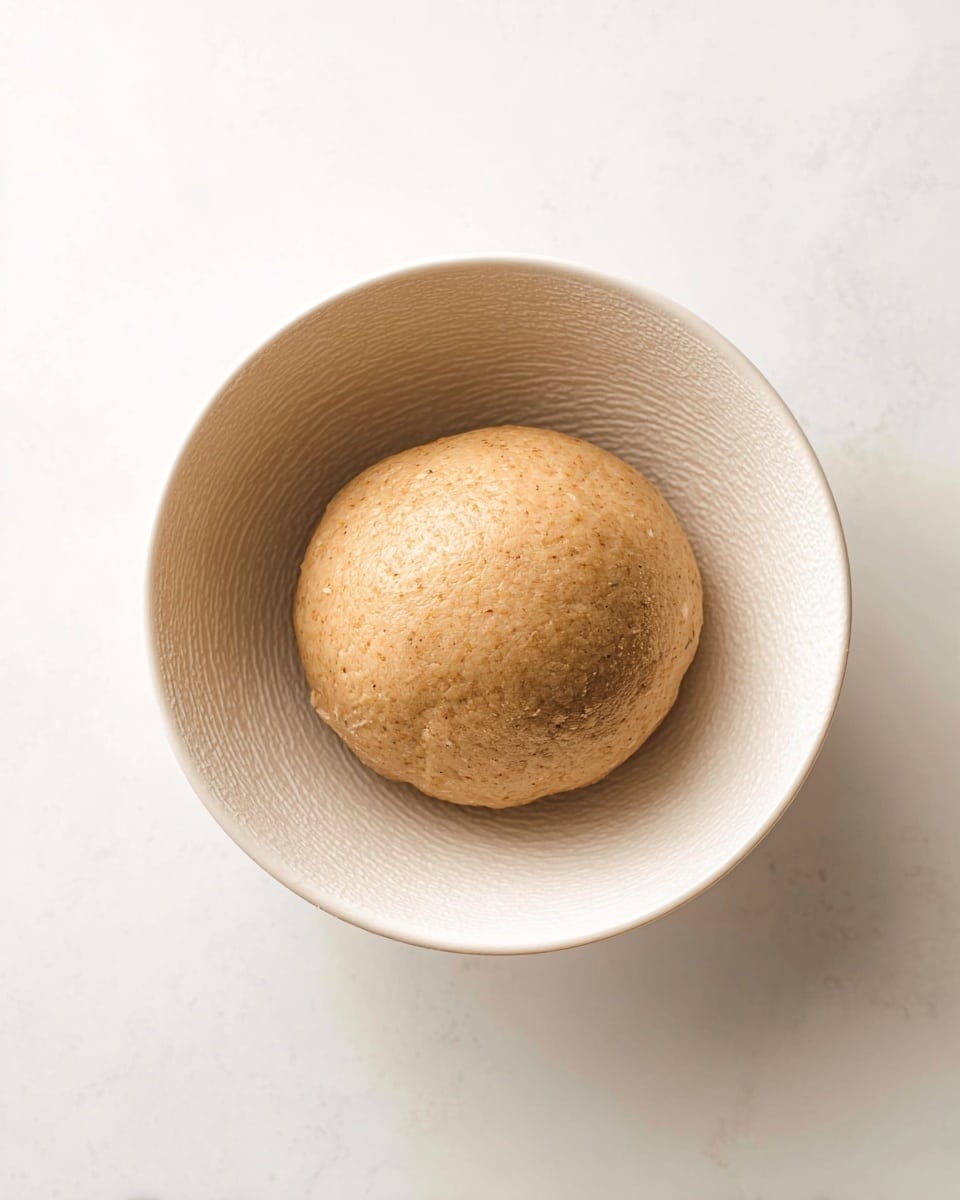 A single round brown dough ball with a smooth but slightly cracked surface sits in the middle of a white bowl with a subtle textured inside. The dough has a soft, dense texture and a light golden-brown color. The bowl is placed on a white marbled surface that adds a clean and simple look to the image. photo taken with an iphone --ar 4:5 --v 7