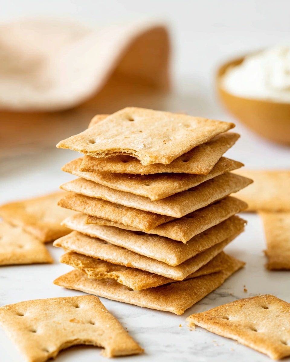 A neat stack of ten square crackers with a light golden-brown color rests on a white marbled surface, each cracker showing a slightly rough texture and crispy edges. On top of the stack, a broken cracker reveals its airy inside with small holes. In the foreground, a single broken cracker piece lies flat, showing more of the light brown interior. In the background, more scattered crackers and a small bowl of creamy white dip on the same white marbled surface are softly blurred, adding depth to the image. Photo taken with an iphone --ar 4:5 --v 7