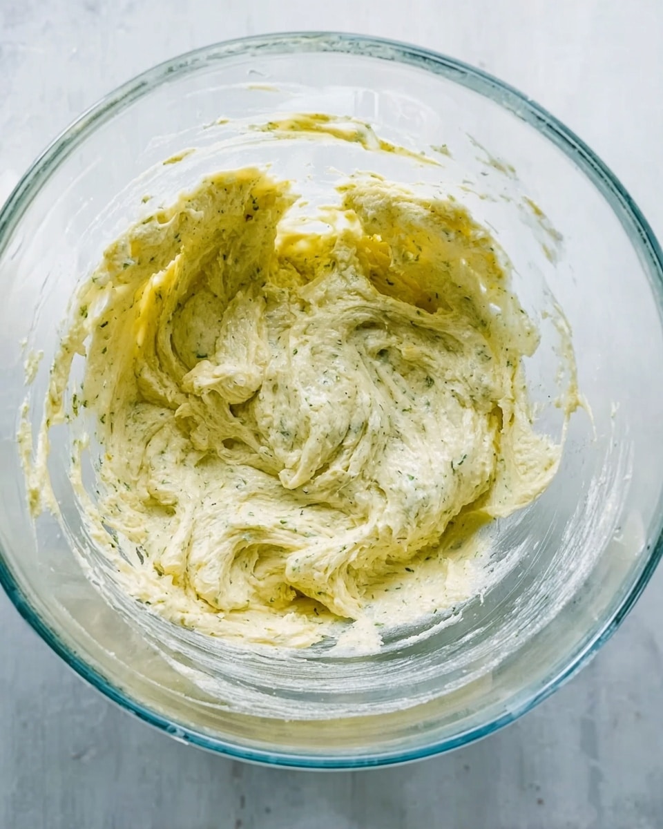 A clear glass bowl sits on a white marbled surface, filled with a creamy, thick mixture that has a pale yellow color with greenish herb specks spread throughout. The mixture has a smooth but slightly chunky texture, with visible folds and swirls from stirring. The bowl shows some mixture smeared near the edges, indicating recent mixing. Light reflects off the glass, giving the scene a clean and fresh look. photo taken with an iphone --ar 4:5 --v 7