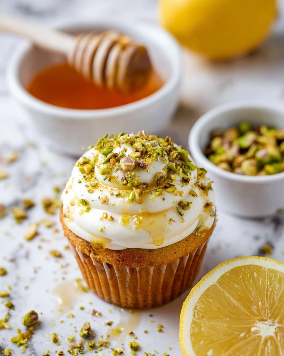 The image shows a cupcake with two main layers: a golden-brown base and a thick swirl of white cream on top. The cream is sprinkled with crushed green pistachios and drizzled with a honey-colored syrup. Behind the cupcake, there is a white bowl filled with amber-colored honey and a honey dipper resting inside. Half of a bright yellow lemon is placed near the bottom right, along with a small bowl filled with chopped green pistachios. The whole scene is set on a white marbled surface, creating a clean and fresh look. photo taken with an iphone --ar 4:5 --v 7