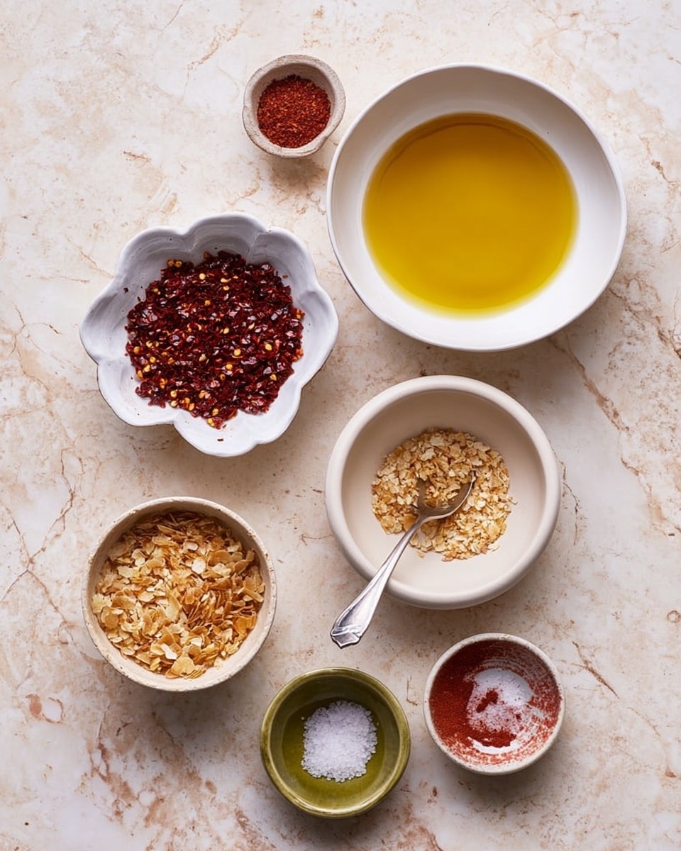 There are seven small bowls arranged on a white marbled surface. The largest bowl is white and filled with golden yellow oil. Another white bowl with scalloped edges holds dark red chili flakes. Two round bowls show light brown toasted flakes, one with a silver spoon resting inside. A small white bowl contains fine deep red powder, and a tiny green bowl has coarse white salt. Another small bowl contains a small amount of reddish powder with some white powder. The colors of the ingredients create a warm, earthy palette. photo taken with an iphone --ar 4:5 --v 7