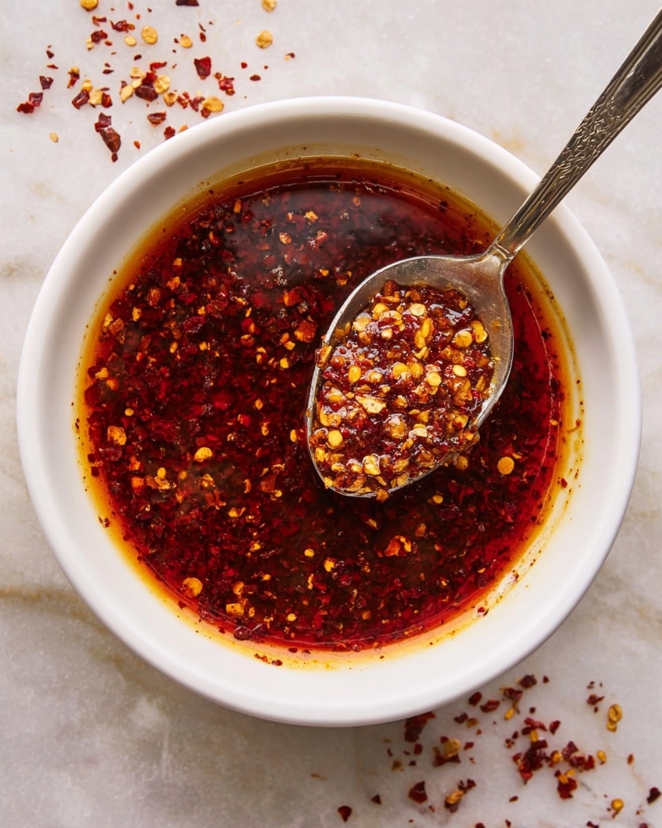 A white bowl filled with a dark red chili oil sauce that has small yellow and orange chili flakes floating on top. A metal spoon is resting inside the bowl, holding up a scoop of the oily chili flakes. The bowl is placed on a white marbled surface with a few scattered chili flakes around. The sauce has a shiny, oily texture with a mix of deep red and orange colors. photo taken with an iphone --ar 4:5 --v 7