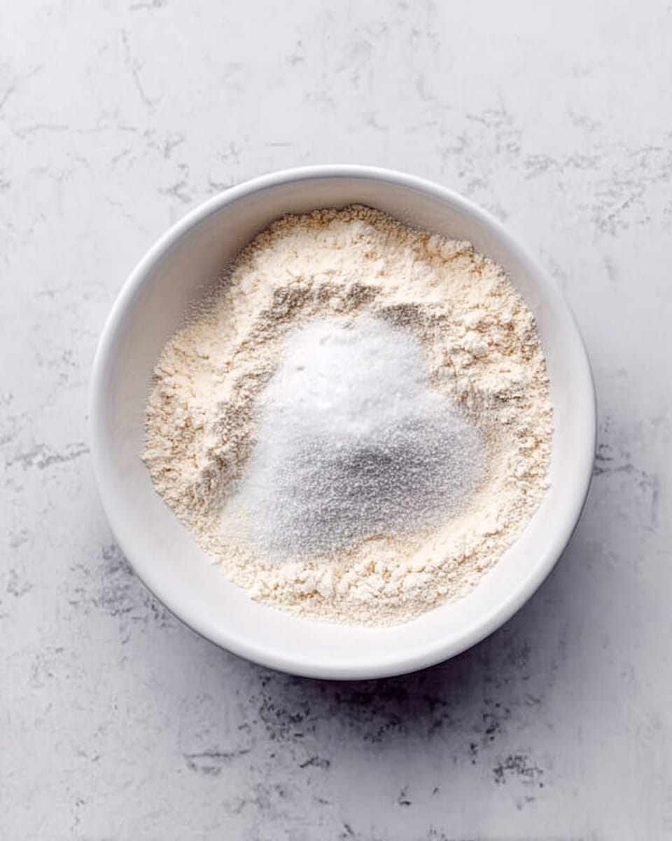 A white bowl is shown from above on a white marbled surface. Inside the bowl, there is one main layer of dry light beige flour as the base. On top of this flour, several smaller piles of fine white powder and granulated white sugar are placed separately, creating different patches of light colors and textures close together. The powders are fluffy and slightly uneven in shape. Photo taken with an iphone --ar 4:5 --v 7