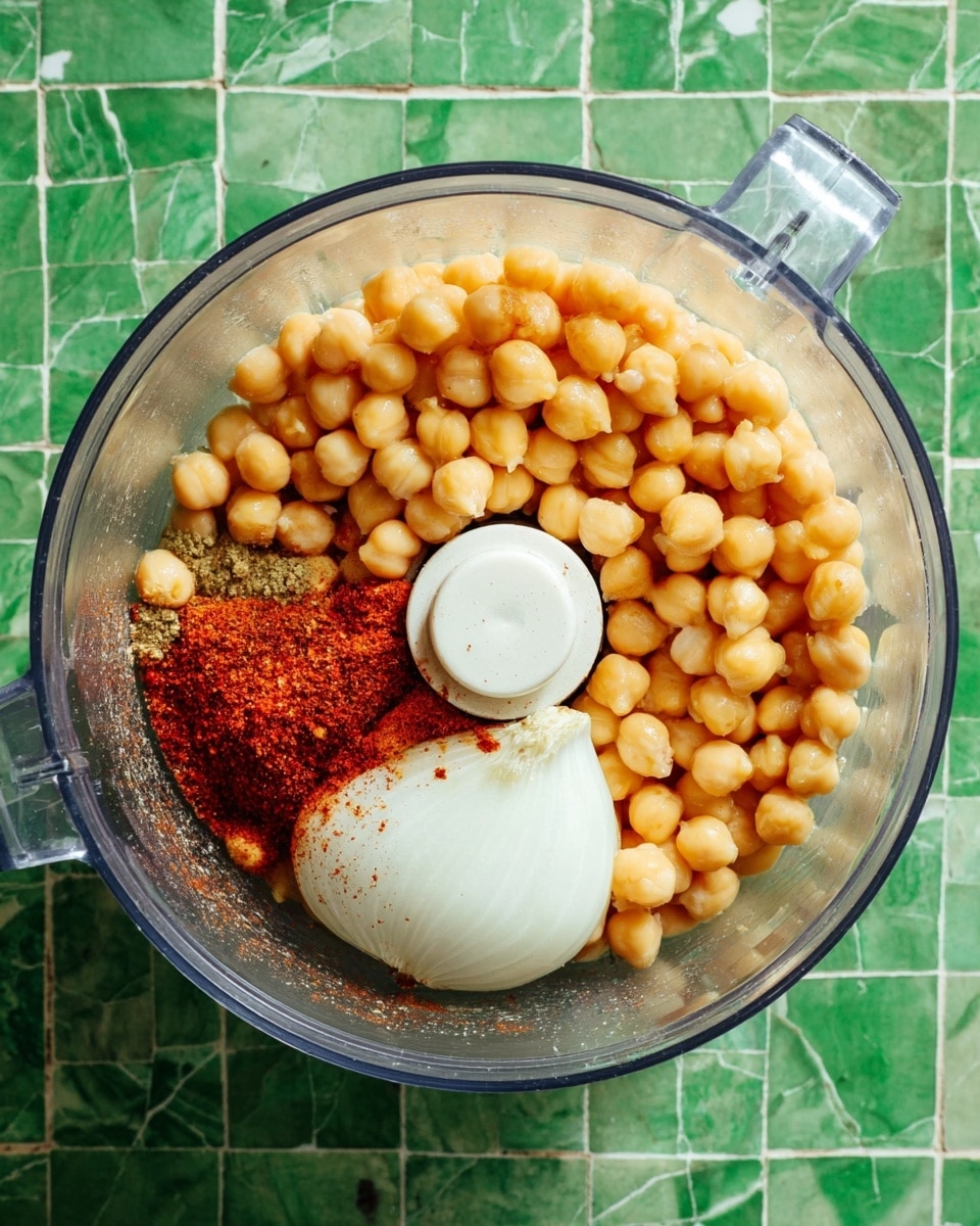 A clear food processor bowl is filled with three main layers: a base layer of round, light yellow chickpeas, a small pile of red spices sprinkled on one side near the bottom, and a white onion quarter placed on the chickpeas beside the spices, all sitting on a green tiled surface changed to a white marbled texture in the description photo taken with an iphone --ar 4:5 --v 7