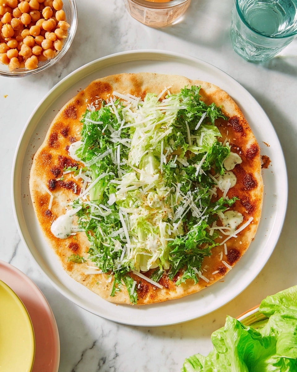 A round flatbread with a golden-brown, slightly crispy bottom layer is placed on a white plate. On top of the flatbread, there is a loose layer of green leafy lettuce mixed with pale green shredded cabbage, arranged in a rough strip along the center. Thin shreds of white cheese are sprinkled over the vegetables, and a small amount of creamy white sauce is drizzled in the middle. The scene is set on a white marbled surface, with a glass bowl of chickpeas visible on the top right, a glass of water on the left, and a bowl of green lettuce at the bottom right. Photo taken with an iphone --ar 4:5 --v 7