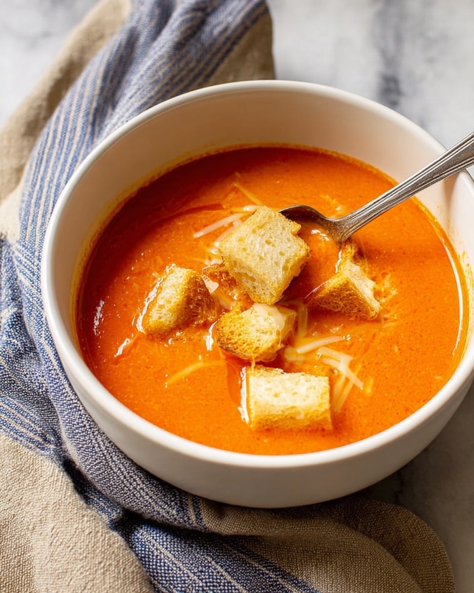 A white bowl filled with bright orange tomato soup that has a smooth texture, topped with several pieces of light golden brown croutons. There are thin strands of light yellow cheese melted just under the surface of the soup. A silver spoon is partially submerged in the soup, holding some croutons. The bowl sits on a white marbled surface with a blue and beige striped cloth draped around it. The photo taken with an iphone --ar 4:5 --v 7