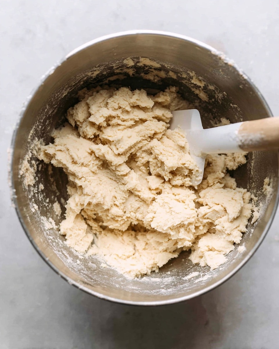 The image shows a metal mixing bowl filled with a light beige dough that has a soft, crumbly texture. The dough is piled unevenly in the center of the bowl, with some parts pressed against the smooth, shiny metal sides. At the top left corner of the bowl, there is a white spatula with a wooden handle resting inside, partially visible. The bowl sits on a white marbled surface which contrasts with the dough’s pale color, highlighting the texture and lumps in the mixture. The lighting is soft, casting light shadows inside the bowl, giving a clear view of the dough’s thick and slightly coarse consistency. photo taken with an iphone --ar 4:5 --v 7
