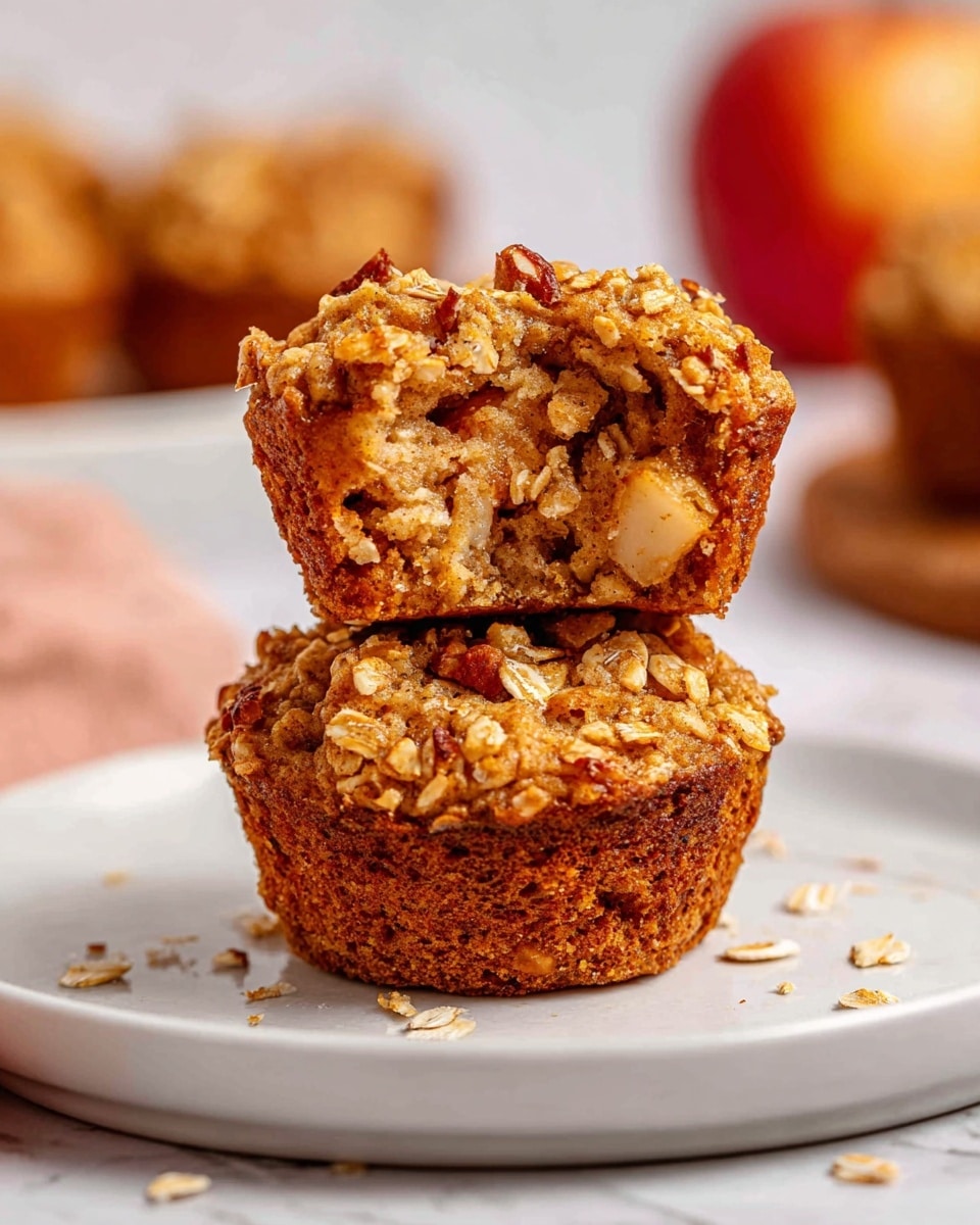 The image shows two stacked oatmeal muffins on a white plate placed on a white marbled surface. The muffins have a rough texture with visible oats and small nut pieces throughout. The bottom muffin is whole, while the top muffin is broken in half, revealing a dense, moist interior with chunks of apple or similar fruit mixed inside. The muffins are golden brown with a slightly crunchy top layer, and a few oats are scattered around the plate. In the background, there are blurred elements including some baked goods and an apple. photo taken with an iphone --ar 4:5 --v 7