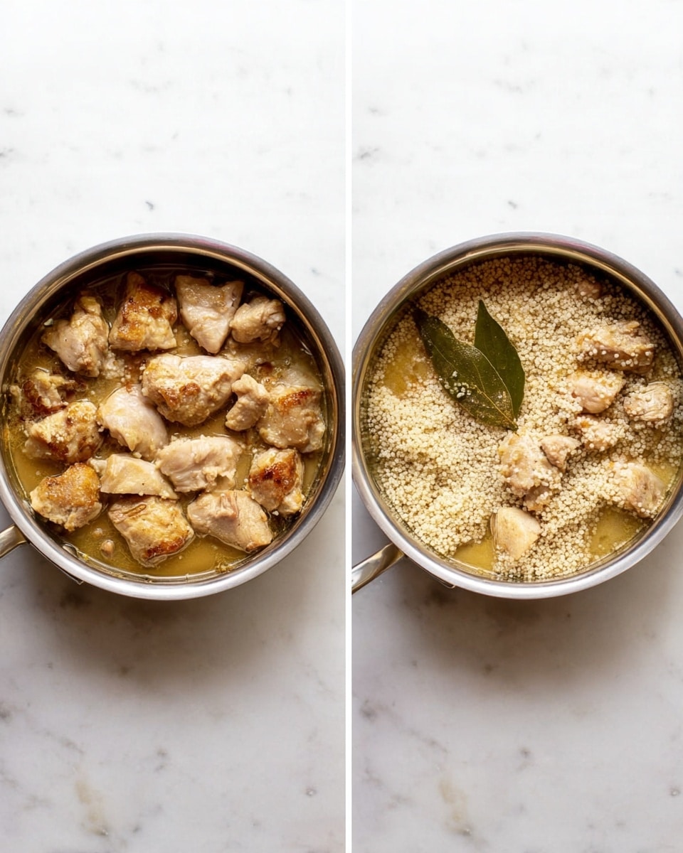 Two metal pans are shown side by side on a white marbled surface. The left pan contains several pieces of light brown cooked chicken with some oil or sauce at the bottom, the chicken pieces having a slightly crispy look in some parts. The right pan has the same cooked chicken pieces but now with a layer of uncooked white quinoa sprinkled over and a single green bay leaf placed on top, all mixed in a light golden broth covering the bottom of the pan. Photo taken with an iphone --ar 4:5 --v 7