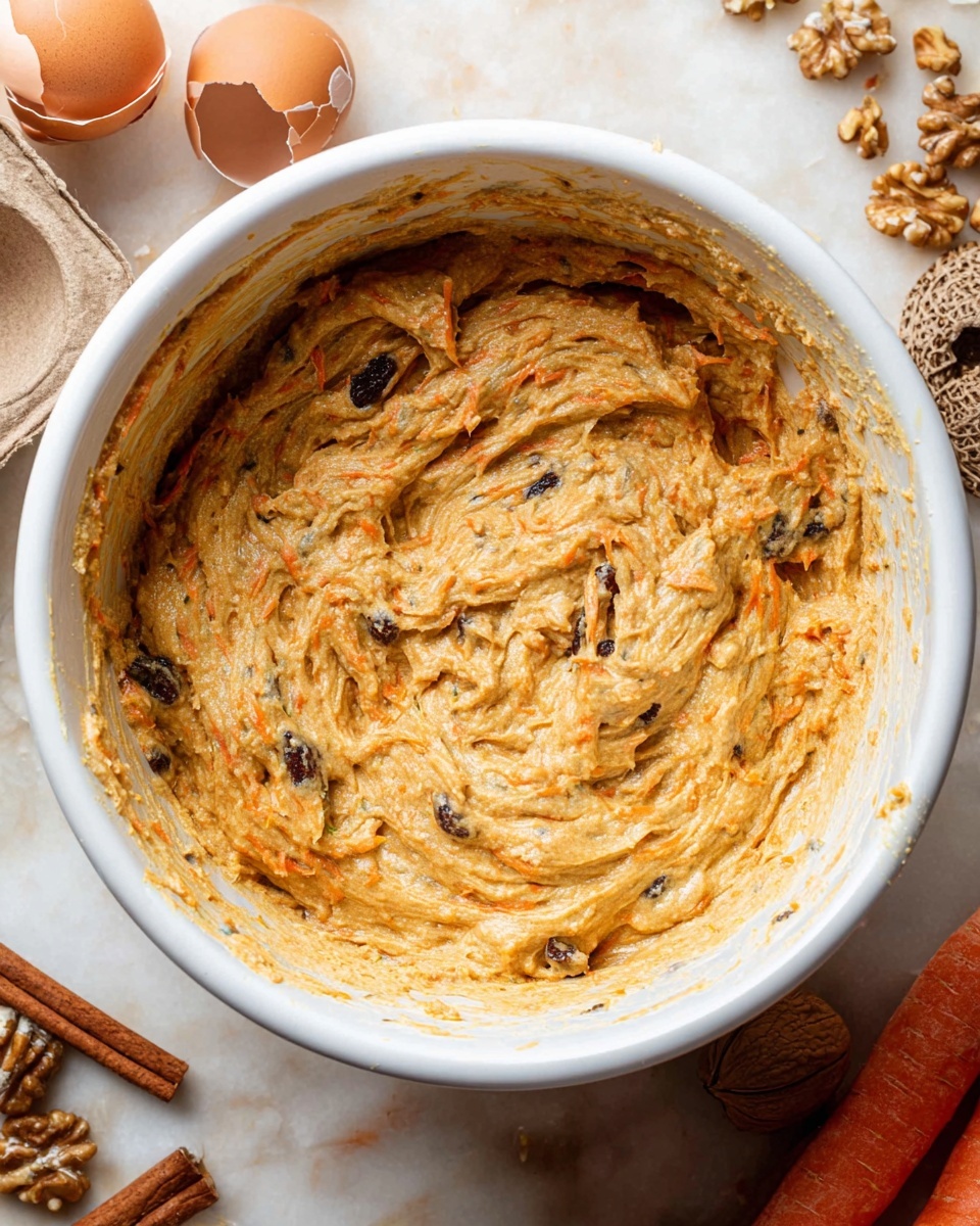 The image shows a white mixing bowl filled with thick, creamy batter that is light brown-orange with visible bits of shredded carrot and dark raisins mixed throughout. The batter looks freshly stirred, with some swirls and texture showing in the mix, which has a slightly lumpy but soft consistency. The bowl is viewed from above and sits on a white marbled surface. Around the bowl, there are cracked eggshells, cinnamon sticks, shelled walnuts, and a fresh carrot, adding context to the ingredients. The overall scene has a warm and cozy feel, suggesting the batter is ready for baking. Photo taken with an iphone --ar 4:5 --v 7