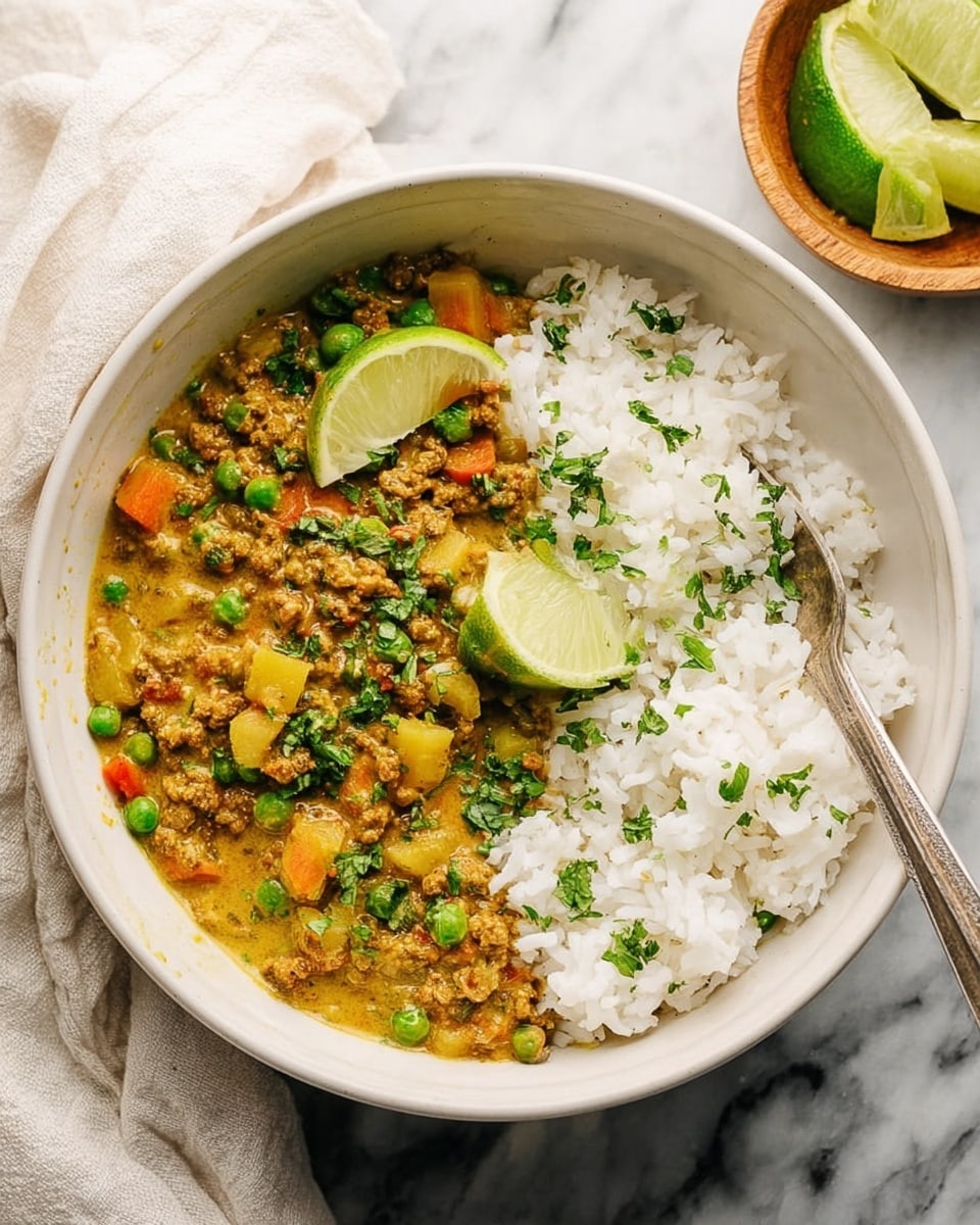A white bowl filled with two main layers: on the right side, a fluffy white rice layer with soft and separate grains, and on the left, a thick curry mix containing small green peas, diced light yellow and orange vegetables, and ground meat in a creamy yellow-brown sauce, topped with chopped green herbs and a fresh green lime wedge placed slightly on the rice. A silver fork rests inside the bowl on the right side. Nearby, a small light wooden bowl holds additional lime wedges. The scene is set on a white marbled surface with a light cloth napkin next to the bowl. Photo taken with an iphone --ar 4:5 --v 7