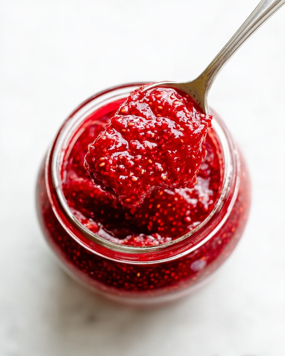 A close-up view of a glass jar filled with bright red strawberry chia jam, showing a thick, textured layer of jam with visible chia seeds suspended throughout. The jar sits on a white marbled surface. A silver spoon holding a heaping spoonful of the jam is dipped into the jar from the top right, displaying the jam’s glossy and chunky texture with small bits of fruit and seeds clearly visible. The lighting is bright and natural, highlighting the rich red color and moist appearance of the jam. Photo taken with an iphone --ar 4:5 --v 7