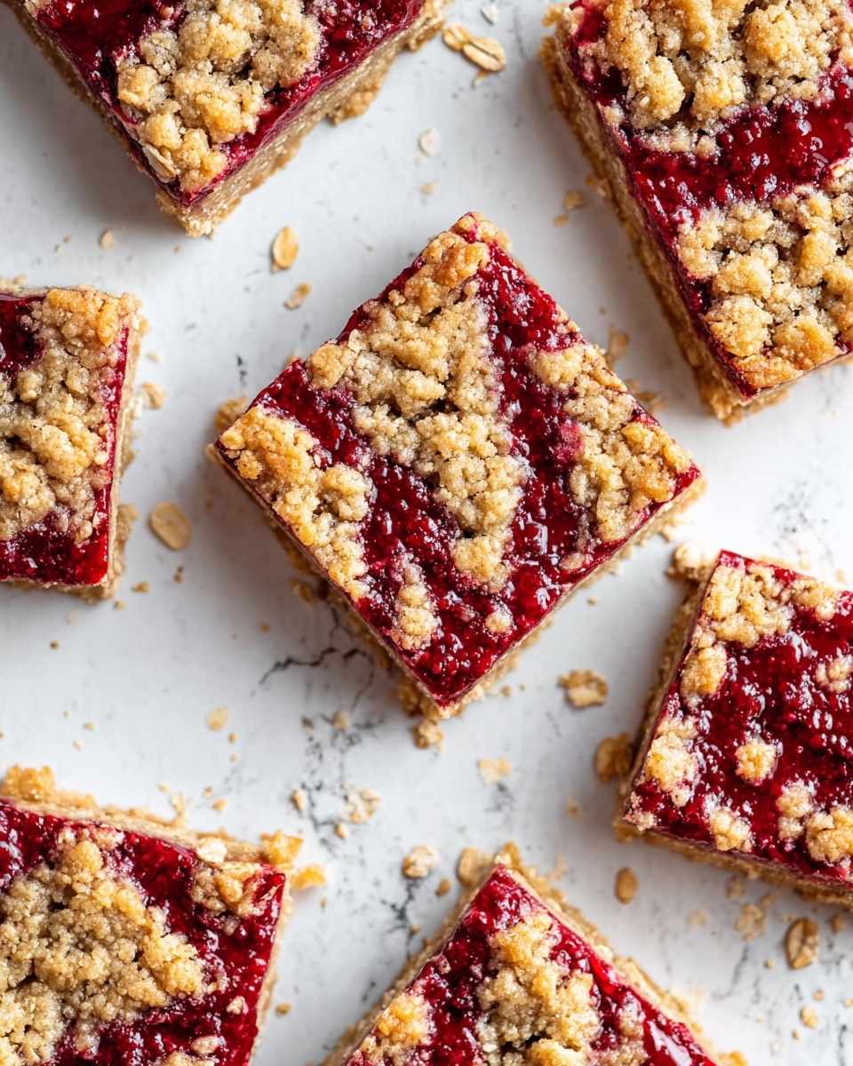 The image shows square oat and berry bars arranged on a white marbled surface. Each bar has two visible layers: the bottom and top layers are golden-brown oat crumb with a rough, crumbly texture, while the middle layer is a bright red berry filling that looks thick and slightly glossy, peeking through cracks and gaps in the oat top. The oat crumbs are unevenly spread, giving a mixed look of oats and bright red filling on the top of the bars. Some loose oats are scattered around the bars on the surface. photo taken with an iphone --ar 4:5 --v 7
