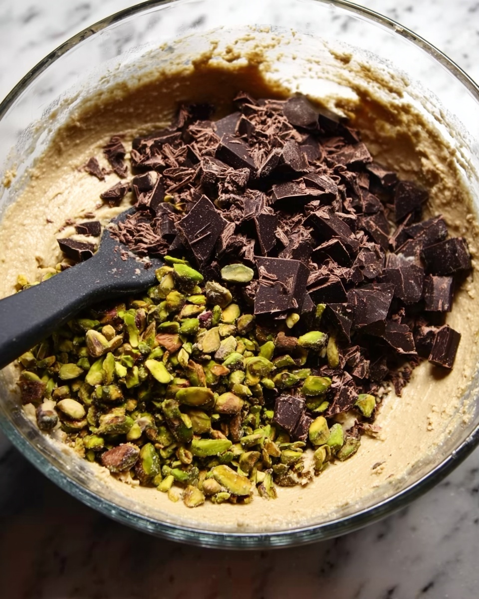 The image shows a close-up view of a clear glass bowl filled with a beige, creamy mixture as the base layer. On top of this, there is a thick layer of roughly chopped dark chocolate pieces scattered mainly on the left side. Beside the chocolate, on the right side, is a layer of coarsely chopped green pistachios. A black spatula is partially inserted on the left edge of the bowl, slightly mixing the layers. The bowl is set on a white marbled surface. Photo taken with an iphone --ar 4:5 --v 7