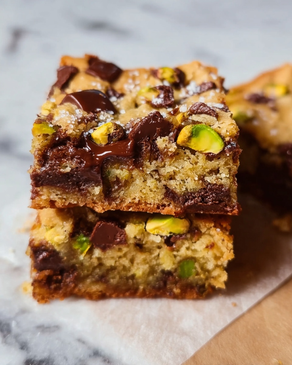 The image shows two stacked bars on white parchment paper over a white marbled surface. The bars have a dense texture with a golden-brown top layer embedded with dark melted chocolate chunks and pieces of light green pistachios. The top bar shows a cross-section with gooey melted chocolate and pistachios inside, revealing a soft middle layer and a slightly crumbly crust. The colors are warm gold and dark brown with green spots from the nuts. Photo taken with an iphone --ar 4:5 --v 7