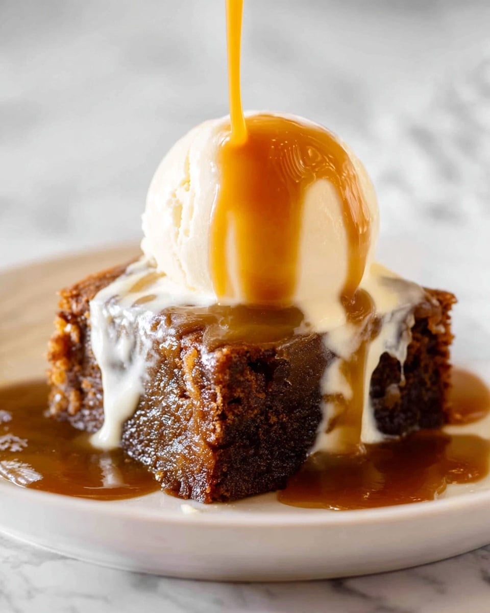 A single square piece of dark brown sticky cake with a moist and dense texture sits on a white plate placed on a white marbled surface. On top of the cake is a round scoop of creamy white vanilla ice cream. Thick, golden caramel sauce is being poured from above, covering the ice cream and flowing over the sides of the cake, pooling slightly on the plate. The caramel sauce contrasts with the white ice cream and dark cake, creating a rich and inviting look. photo taken with an iphone --ar 4:5 --v 7