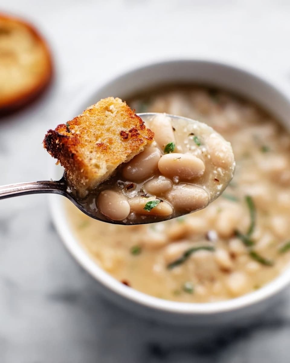 A close-up of a spoon holding thick, creamy white bean soup with visible white beans and a golden brown toasted bread cube, positioned above a white bowl filled with the same soup. The soup in the bowl shows more golden toasted bread cubes floating on its surface, with small green herb bits scattered throughout. The bowl sits on a smooth white marbled surface, and in the blurred background to the left is a round piece of toasted bread. Photo taken with an iphone --ar 4:5 --v 7