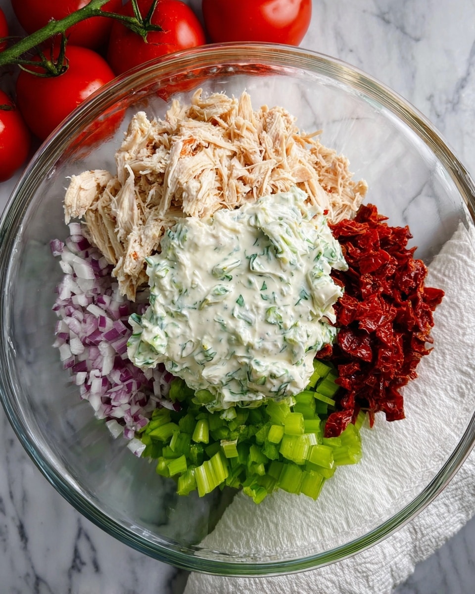 A clear glass bowl holds five distinct layers arranged in separate piles yet close together: shredded light tan chicken at the top left, a thick creamy white sauce with green herb bits spread over the center, small chopped red onions at the bottom left, finely chopped bright green celery at the bottom center, and deep red chopped sun-dried tomatoes at the top right. The bowl rests on a white marbled surface with a white and gray cloth partially visible under it. In the background, fresh red tomatoes on green stems add a touch of color. photo taken with an iphone --ar 4:5 --v 7