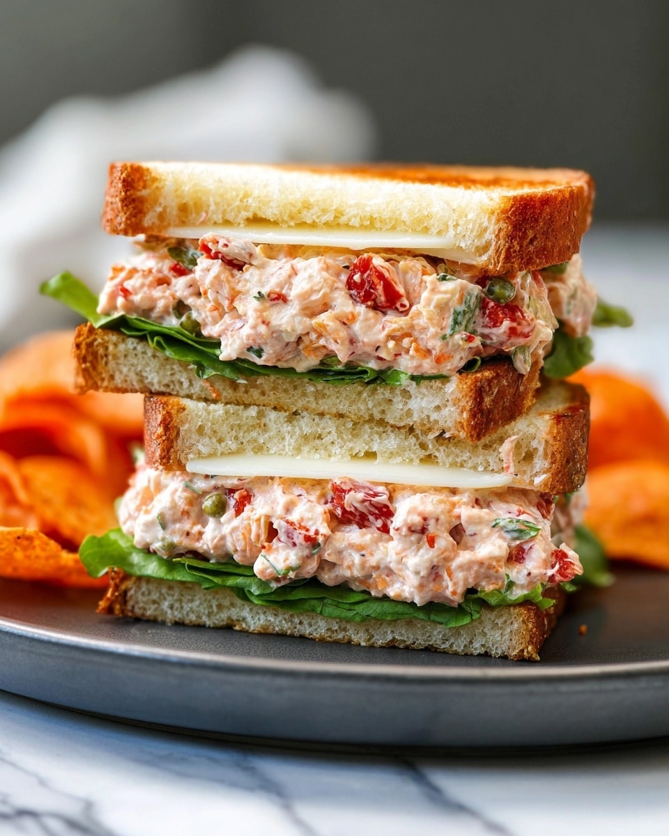 A tall, close-up sandwich cut in half and stacked on a dark gray plate with scattered orange chips around it, set on a white marbled surface. The sandwich has two thick slices of toasted light golden bread with a slightly crisp texture. Inside, each half shows a thick layer of chunky, creamy light pinkish spread mixed with small red pieces and green bits on the bottom layer, topped with fresh green leafy lettuce. Above the spread, there is a smooth, white, semi-thick slice of cheese. The sandwich layers look fresh and soft with uneven textures in the spread and a golden crust on the bread. Photo taken with an iphone --ar 4:5 --v 7