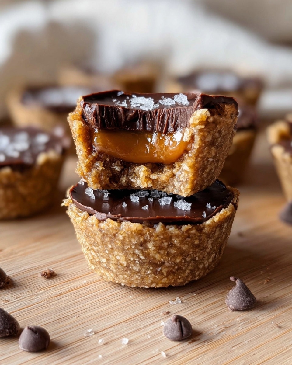The image shows two small dessert cups stacked on top of each other on a light wooden surface with some chocolate chips scattered around. The cups have a crumbly light brown base and sides with a grainy texture, topped with a smooth layer of dark chocolate. The top cup is bitten into, revealing a soft, slightly sticky caramel-colored filling inside. The top of the chocolate layer has some coarse salt sprinkled on it. The background is softly blurred, showing more of the same dessert cups. Photo taken with an iphone --ar 4:5 --v 7