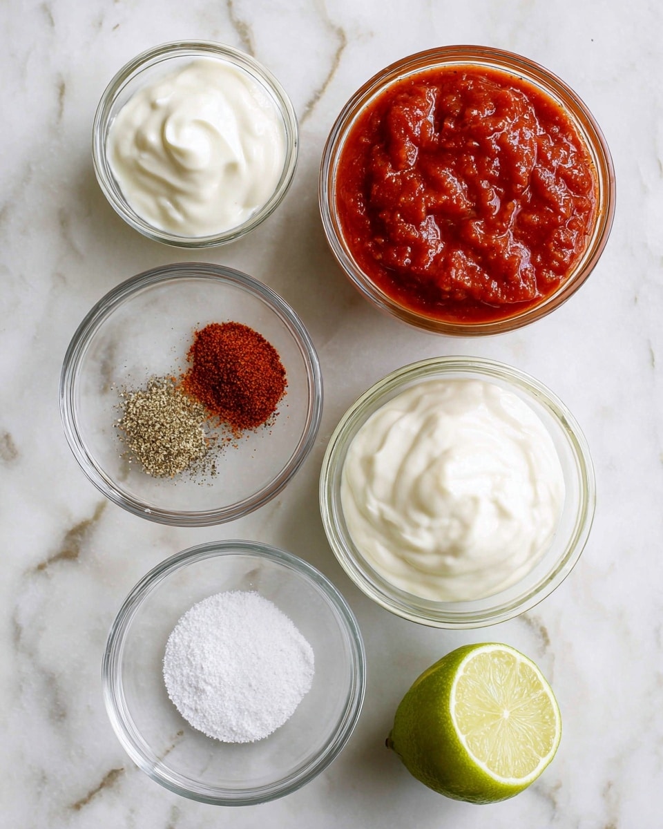 Five clear glass bowls on a white marbled surface hold different ingredients: the top right bowl is filled with chunky, deep red salsa; left to it, a bowl with smooth, thick white sour cream; below the salsa, a small bowl with white salt mixed with black pepper; to the left of that, a bowl with two spices, one reddish and the other brown; and at the bottom right, a half lime with bright green skin and pale green juicy inside. Photo taken with an iphone --ar 4:5 --v 7